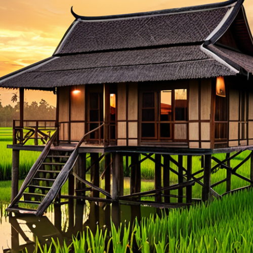 A cozy Thai-style wooden house on stilts surrounded by lush rice paddies at sunset.