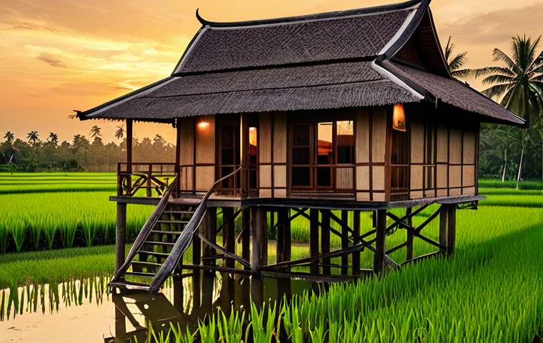 A cozy Thai-style wooden house on stilts surrounded by lush rice paddies at sunset.