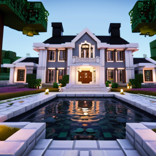 **Prompt 1 (Exterior):** A majestic and luxurious Minecraft mansion, showcasing a grand, hybrid architectural style blending classic European elegance with sleek modern elements. The exterior features towering white quartz pillars, intricate arched windows, and a multi-tiered roofline made of dark wood and polished stone. Surrounding the mansion is an expansive, enchanting garden, complete with a multi-level artificial waterfall cascading into a serene pond, ornate fountains crafted from rare blocks, and meticulously arranged pathways of polished stone and gravel. Lush landscaping includes a variety of tall trees, vibrant, colorful flower beds, and artfully shaped hedges. Soft, ambient lighting from hidden sources and elegant lampposts illuminates the scene at dusk, making the mansion glow with opulence. Ultra-realistic Minecraft rendering, wide-angle cinematic shot, detailed textures, volumetric lighting, serene atmosphere.