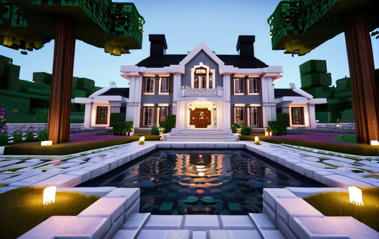 **Prompt 1 (Exterior):** A majestic and luxurious Minecraft mansion, showcasing a grand, hybrid architectural style blending classic European elegance with sleek modern elements. The exterior features towering white quartz pillars, intricate arched windows, and a multi-tiered roofline made of dark wood and polished stone. Surrounding the mansion is an expansive, enchanting garden, complete with a multi-level artificial waterfall cascading into a serene pond, ornate fountains crafted from rare blocks, and meticulously arranged pathways of polished stone and gravel. Lush landscaping includes a variety of tall trees, vibrant, colorful flower beds, and artfully shaped hedges. Soft, ambient lighting from hidden sources and elegant lampposts illuminates the scene at dusk, making the mansion glow with opulence. Ultra-realistic Minecraft rendering, wide-angle cinematic shot, detailed textures, volumetric lighting, serene atmosphere.